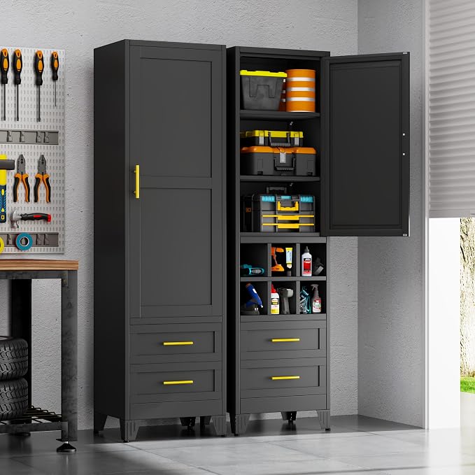 Tall Metal Narrow Storage Cabinet 67" H with 2 Drawer, Black Pantry Cabinets with 2 Adjustable Shelves and Door,Tall Bathroom Cabinet for Kitchen, Home Office, Living Room, Dining Room