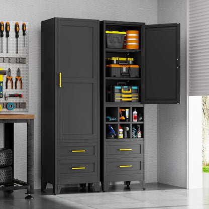 Tall Metal Narrow Storage Cabinet 67" H with 2 Drawer, Black Pantry Cabinets with 2 Adjustable Shelves and Door,Tall Bathroom Cabinet for Kitchen, Home Office, Living Room, Dining Room