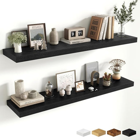 Fun Memories 48 Inch Floating Shelves for Wall - 10 Inch Deep Fireplace Mantel Shelf - Wood Floating Shelf for Wall - Large Storage Shelves Wall-Mount for Living Room & Bedroom - Black - Set of 2
