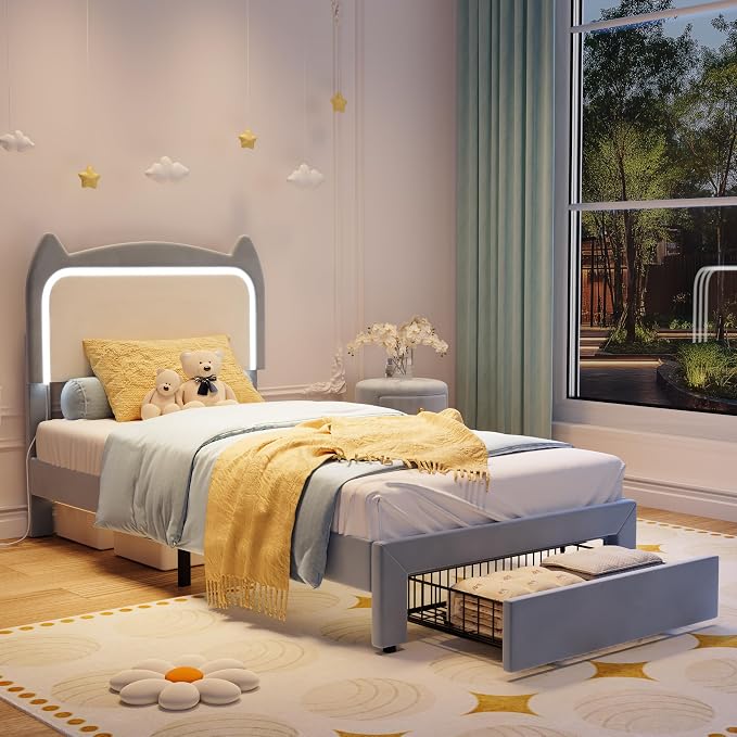 Garvee Twin Upholstered LED Bed Frame with Storage Drawer & Cute Cat Headboard, Velvet Princess Platform Bed Frame with Sturdy Wood Slats Support for Girls/Kids, No Box Spring Needed, Blue