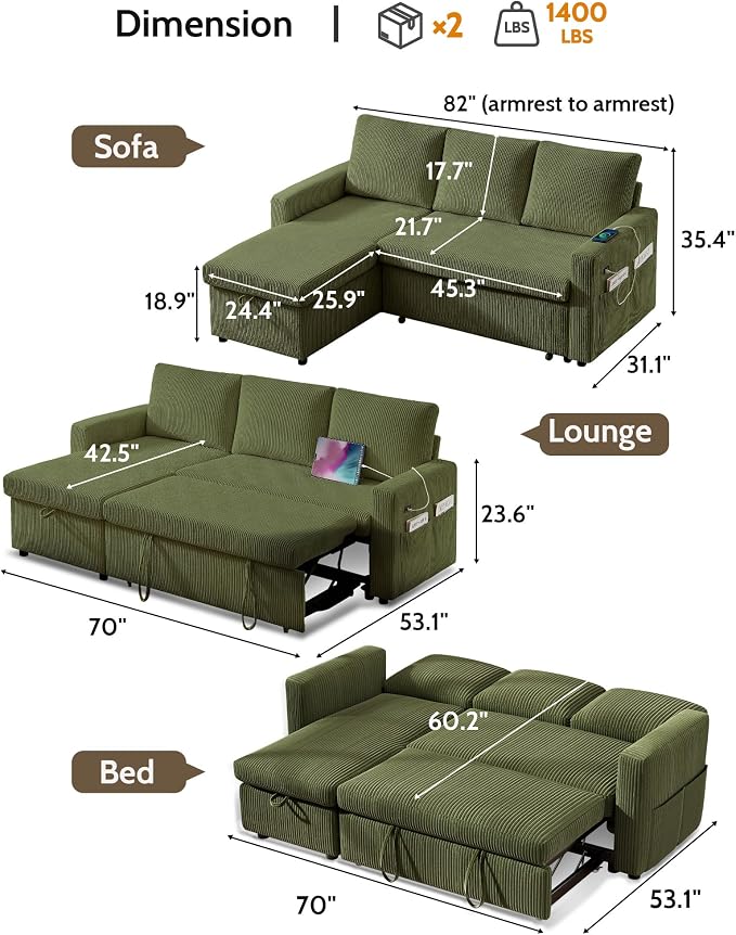 WEUP 82" L Shaped Sectional Sleeper Sofa Bed with Pull Out Bed, Sectional Sleeper Couch Pull Out Couch with Reclining Backrest/Reversible Storage Chaise/USB Ports/Tool-Free Assembly, Corduroy Green