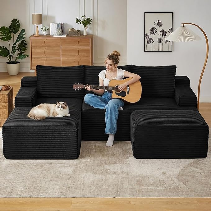96" Cloud Sectional Couch U-Shaped Chaise with Ottoman, Corduroy Boneless Couch for Living Room Bedroom, Deep-Seat Upholstered Modular Cloud Sofa, No Assembly Required (Black, Left Facing Chaise)