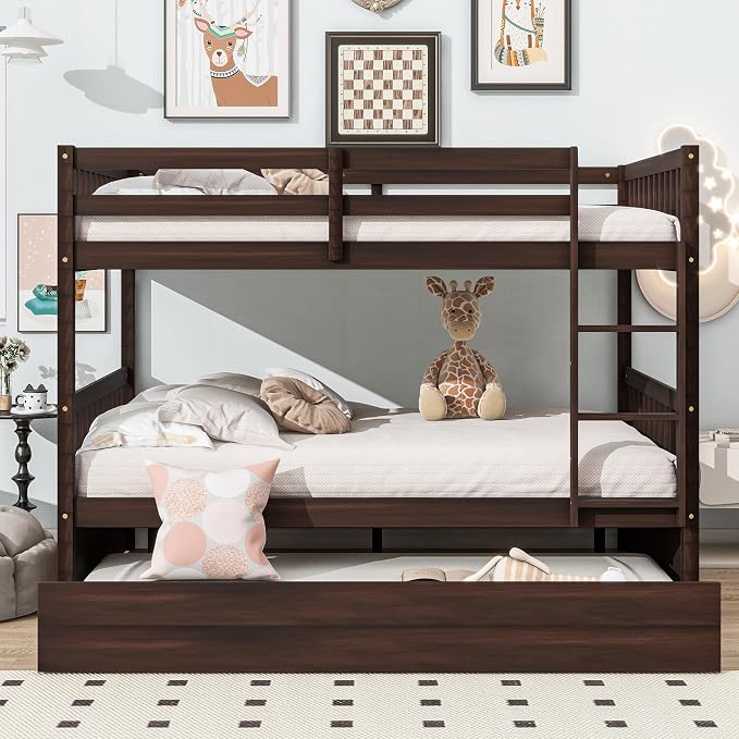 Harper & Bright Designs Convertible Wood Full-Over-Full Bunk Bed with Trundle and Ladder - Can Be Divided Into Two Platform Beds, Espresso