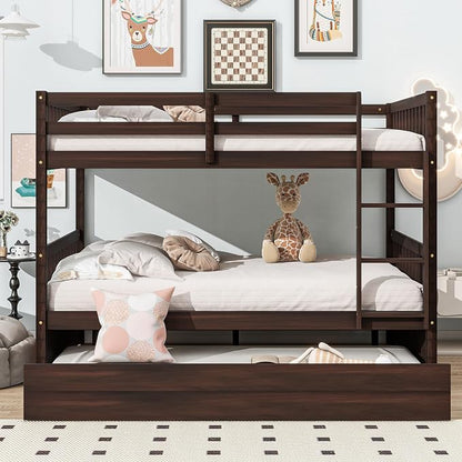 Harper & Bright Designs Convertible Wood Full-Over-Full Bunk Bed with Trundle and Ladder - Can Be Divided Into Two Platform Beds, Espresso