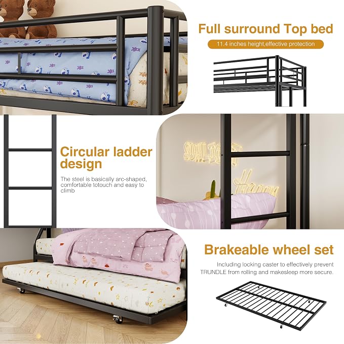 Nuturelly Metal Bunk Bed Twin Over Full with Trundle, Heavy Duty Steel Frame Bunk Bed Frame with Safety Guardrails & Ladder, Space Saving 3 Beds for Kids, Teens, Dorm, Black