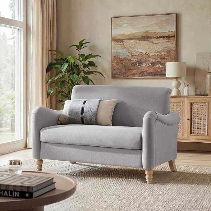 EcoHarbor Living 50.5" Mid-Century Modern Couch, Upholstered Sofa with Armrests, Stripe Mini Loveseat Couches for Small Space, Living Room, Bedroom, Office, Apartment, Grey