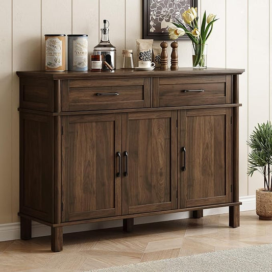 ONBRILL 48 Inch Buffet Cabinet with Storage, Farmhouse Sideboard Buffet w/2 Drawers and 3 Doors, Wood Coffee Bar Cabinet with Adjustable Shelves, Sideboard Storage for Kitchen, Living Room, Walnut