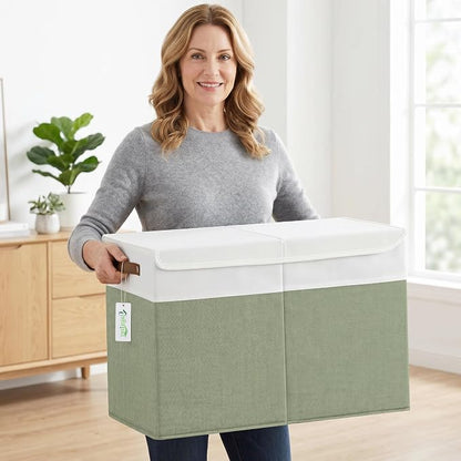 Bagnizer Large Toy Storage Box with Lids, Collapsible Sturdy Baby Storage Organizer Chest Bin Basket for Kids, Boys, Girls, Playroom, Nursery, Bedroom, Closet 25"x13"x16" (Green and White)