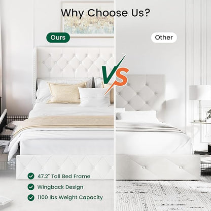 LARMACE King Size Bed Frame with 4 Storage Drawers and 47.2" Tall Wingback Headboard Velvet Upholstered Platform Bed Frame Tufted Beds with Wooden Slats Support, Easy Assembly, White