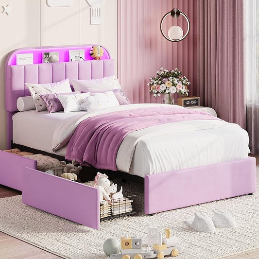 Garvee Twin Size Bed Frame with 2 Flexible Drawers, Upholstered Platform Bed Frame with Bookcase Headboard and LED Lights, Kids Bed for Girls, Easy Assembly, Noise Free, Purple