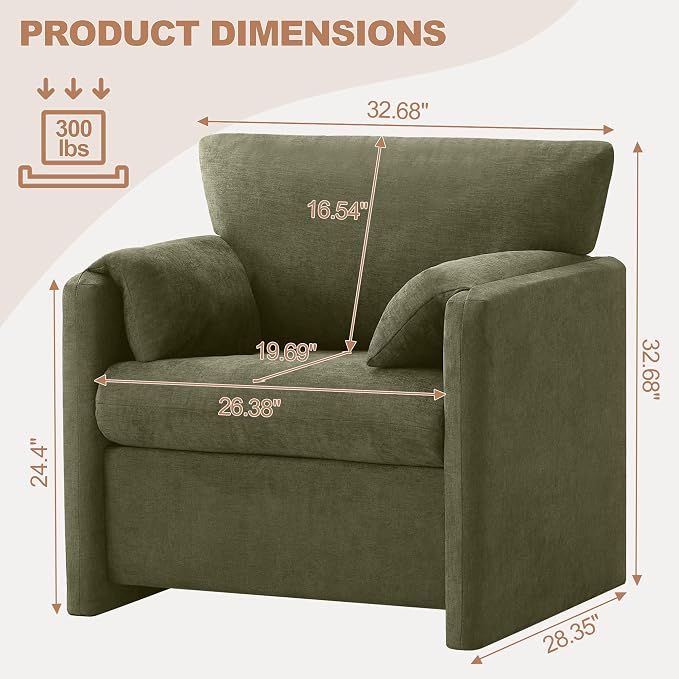 Oversized Accent Chair for Living Room, 32.68" Large Modern Armchair with Deep Seat, Mid-Century Comfy Reading Chair with Padded Arms, Chenille Single Sofa Chairs for Bedroom, Green