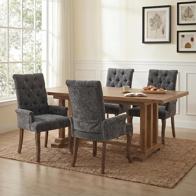 Upholstered Dining Chairs with Arms Set of 4, Gray, 4 Pack | Tufted Chenille Kitchen Chairs with Arms, Modern Farmhouse Armchair with Nailhead Trim for Dining Room, Home Office