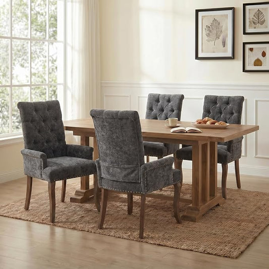 Upholstered Dining Chairs with Arms Set of 4, Gray, 4 Pack | Tufted Chenille Kitchen Chairs with Arms, Modern Farmhouse Armchair with Nailhead Trim for Dining Room, Home Office