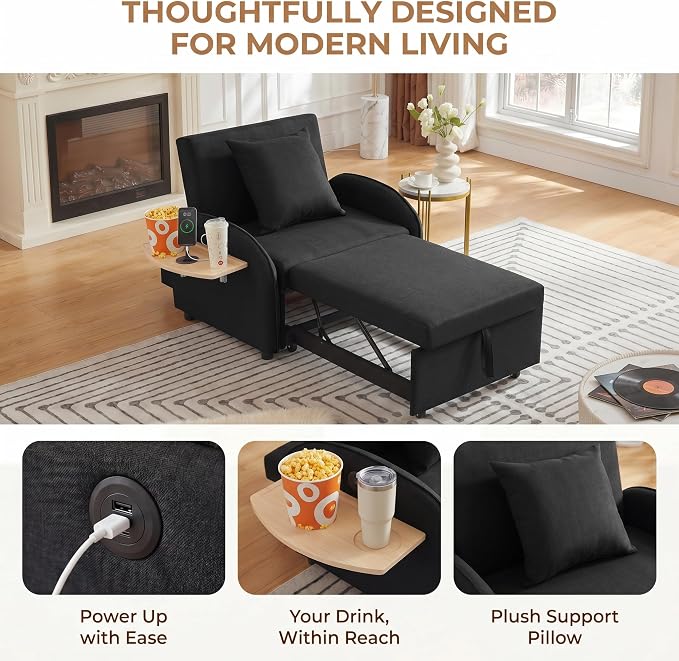 3-in-1 Convertible Sleeper Bed, Pull Out Single Sofa Bed with Adjustable Backrest, Foldable Recliner Sofa with Side Table & USB Port, Sleeper Chair for Living Room, Home Office, Black