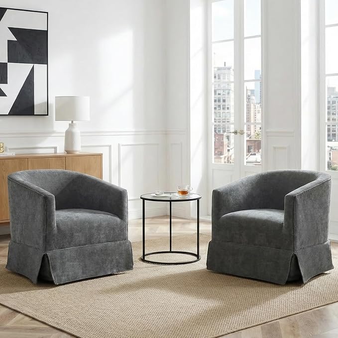 Swivel Accent Chair for Living Room, 360° Upholstered Barrel Swivel Chairs with Skirted Base, Modern Linen Armchairs for Bedroom, Reading Nook, Small Space, Grey