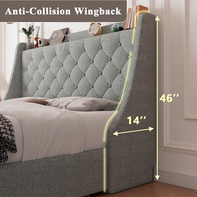 Feonase Upholstered Full Size Bed Frame with 4 Storage Drawers, Charging Station and Tufted Wingback Storage Headboard, No Box Spring Needed, Easy Assembly, Light Grey