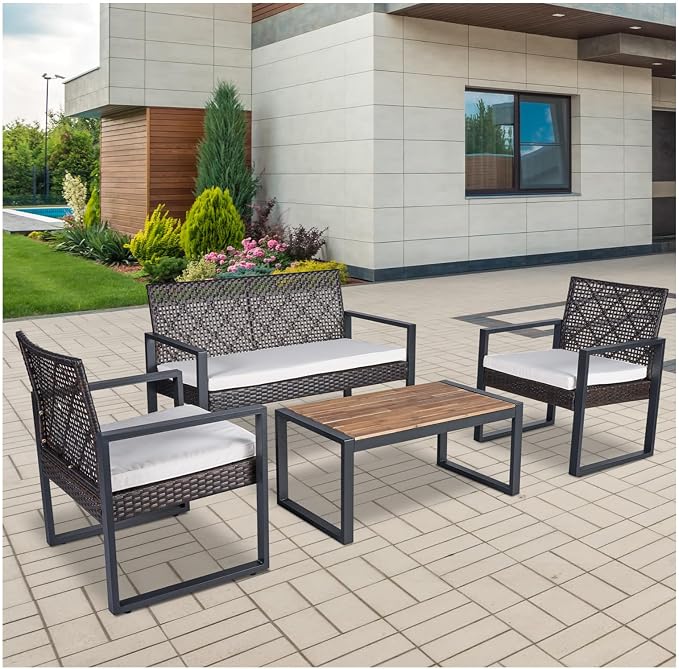 All-Weather 4 Piece Outdoor Rattan Patio Furniture Set (Brown) | Acacia Wood Table & Cushions