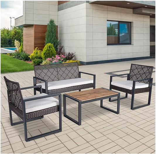 All-Weather 4 Piece Outdoor Rattan Patio Furniture Set (Brown) | Acacia Wood Table & Cushions