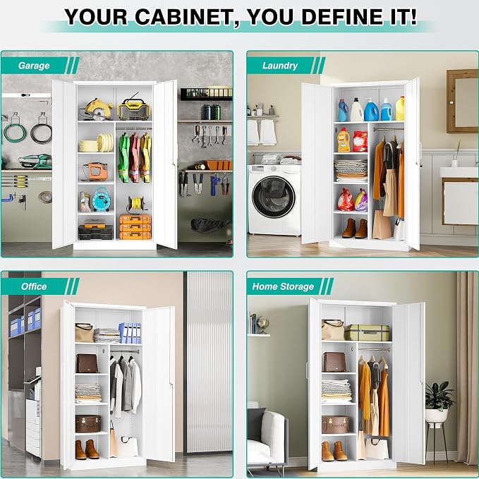 White Wardrobe Cabinet with Lock and Hanging Rod,72" Armoire Closet with Shelf,Lockable Storage Locker,Metal Storage Cabinet with Locking Doors,Steel Wardrobe for Home,Bedroom,Office,Employee,Shop