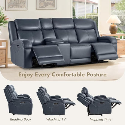 Watson & Whitely Genuine Leather Power Recliner Sofa, 3 Seater Wall Hugger Reclining Sofas with Storage Console, Power Headrest, USB, Electric Recliner Couch Set for Living Room, Navy Blue