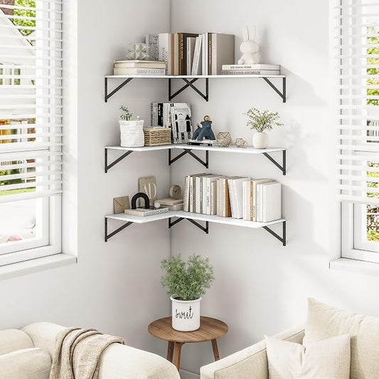 Heimlove 24" W x 12" D Wall Shelves for Books, 12 Inch Deep Floating Shelves Set of 3, Wide Floating Bookshelf with Metal Bracket for Living Room, Kitchen, Office, Bedroom and Decor Storage - White
