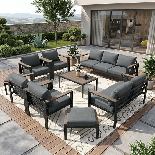 Patio Furniture Set 11 Seats and Coffee Table, 9 Pieces Patio Conversation Set with Thick Cushion, Ottomans, Deluxe Aluminum Modern Outside Sectional for Porch, Balcony, Deck, Yard, Dark Gray