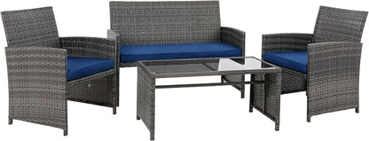4 Piece Patio Ratten Set Outdoor Furniture Set Wicker Conversation Set with Cushions and Tempered Glass Tabletop,Deep Blue