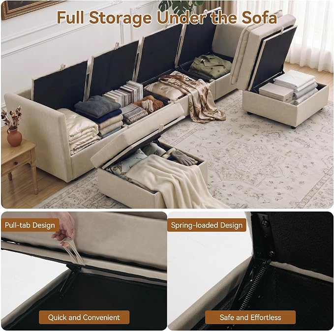 105" Beige Faux Leather Storage 4 Seater Sofa with 2 Ottomans, Comfy Couch | Convertible Modular Sectional Sofa, U Shaped Oversized Couch, Upholstered Large Cloud Couch For Living Room, Apartment.