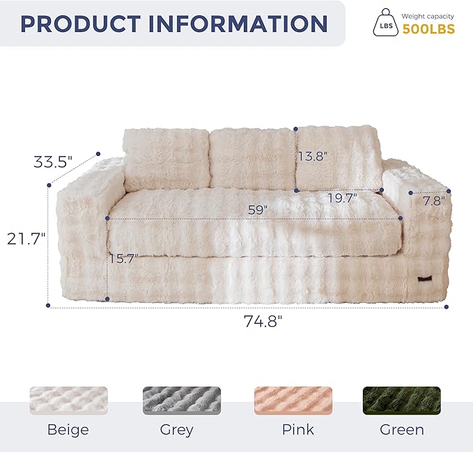 MAXYOYO 3-Seater Boneless Sofa Couch, Modern Bubbled Sofa for Living Room, Soft Bean Bag Chair High-Density Foam Couch with Pillows, No Assembly Required