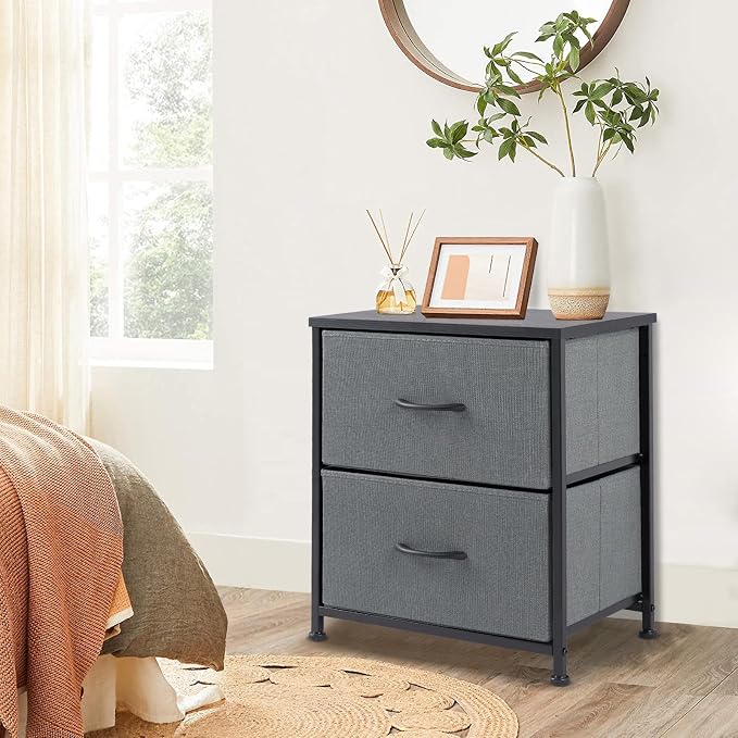 DUMOS Nightstand Small Dresser with 2 Fabric Drawers, Bedroom End Table | Kids Bedside Storage Furniture for 20 inch Tall Night Stand for Closet, Dorm, Ash