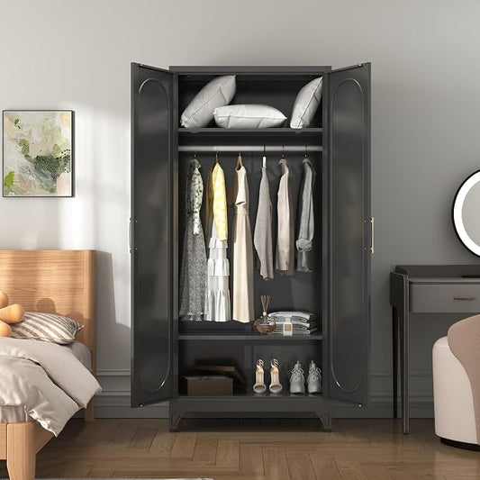 SteeLoong 71" Metal Armoire Wardrobe Closet with Doors,Tall Clothing Storage Cabinet with Adjustable Shelves and Hanging Rod,Black Wardrobe Closet for Bedroom,Home,Office,Gym