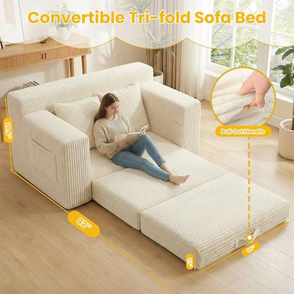 Boneless Couch,Boneless Loveseat Sleeper Sofa Bed – 3-in-1 Convertible Couch Bed with Side Pockets & Handle,Pull Out Corduroy Futon for Small Space,Living Room & Bedroom,2 Pillows Included,No Assembly