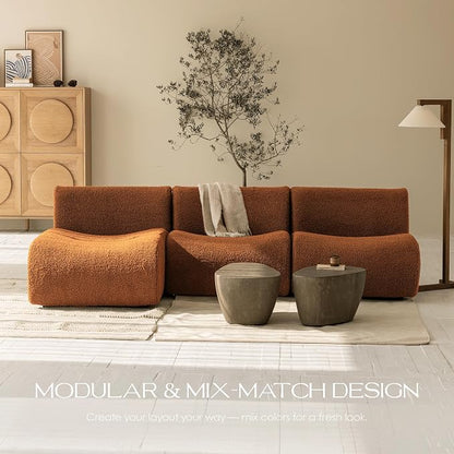 102" Curved Sectional Couch with Chaise Lounge, 3-Seat Reversible L-Shaped Sofa, Deep Seat Sherpa Boneless Modular Couches, Modern Curved Sofas for Living Room – No Assembly, Brown