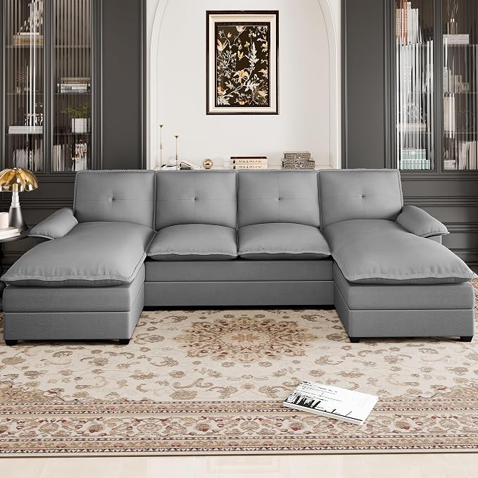 110" Sectional Couches for Living Room,U Shaped Big Sofa Couch with Double Chaise,Modern 4 Seat Modular Sofa Couches with Thick Cushion & Soft Backrest,New Grey