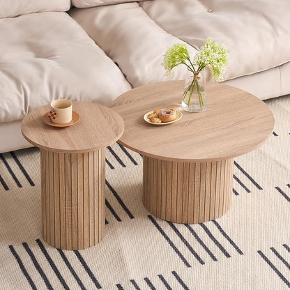 Round Nesting Coffee Table Set of 2, Fluted for Small Spaces | Modern style, suitable for living rooms, roller design, wooden
