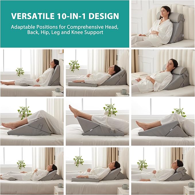 3Pcs Orthopedic Bed Wedge Pillow Set, Foam Wedge Pillow Post Surgery for Back, Leg and Knee Support, Adjustable 9&12 Inch Folding Triangle Pillow for Sleeping, Acid Reflux, Snoring, Grey