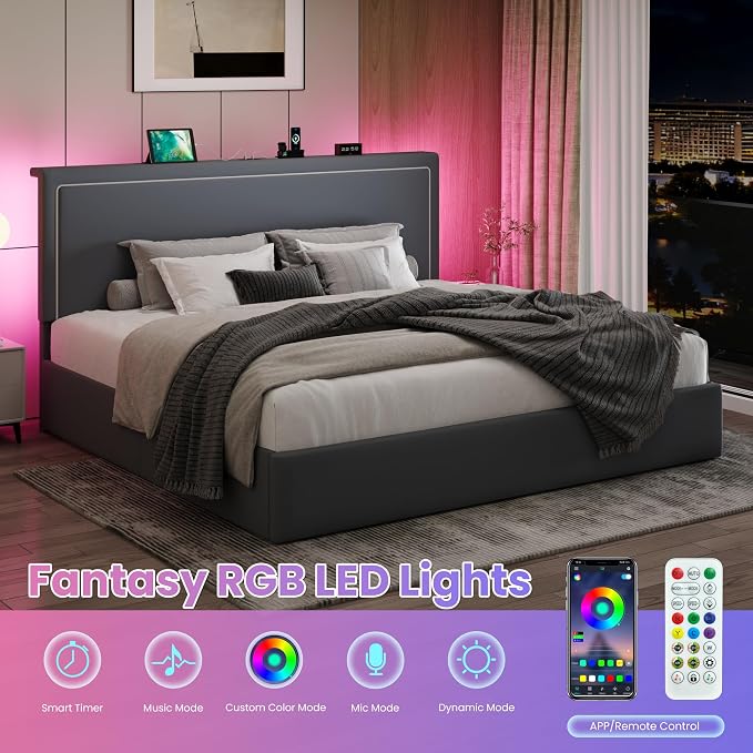 SHA CERLIN King Size Hydraulic Lift-Up Storage Platform Bed Frame with Charging Station, RGB LED Lights, Adjustable Velvet Headboard, USB-A and USB-C Ports, No Box Spring Needed, Grey