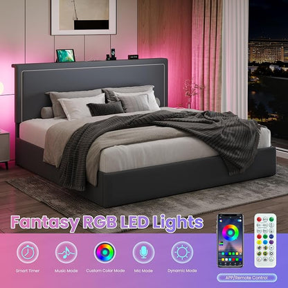 SHA CERLIN King Size Hydraulic Lift-Up Storage Platform Bed Frame with Charging Station, RGB LED Lights, Adjustable Velvet Headboard, USB-A and USB-C Ports, No Box Spring Needed, Grey