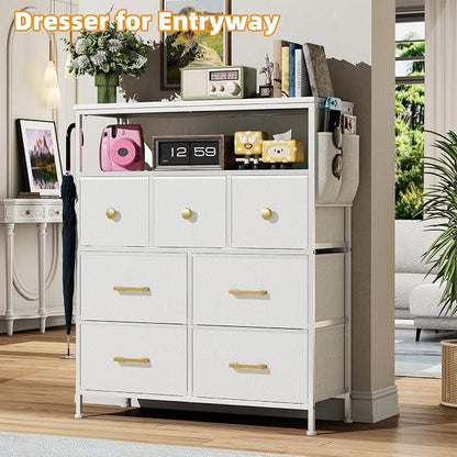 Dresser TV Stand with Power Outlets and LED Lights, 7 Drawers Dresser with Side Pocket, Fabric Chest of Drawers with PU Finish, Sturdy Frame & Wood Top (White)
