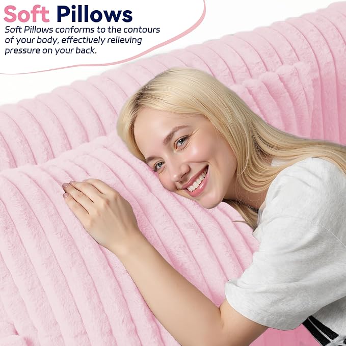 HABUTWAY 78" Loveseat Boneless Couch, 4-in-1 Convertible Sofa Bed, Plush Fur Folding Futon Sofa Bed Couches with 2 Pillows for Living Room, High-Density Foam Support, No Assembly Required, Pink