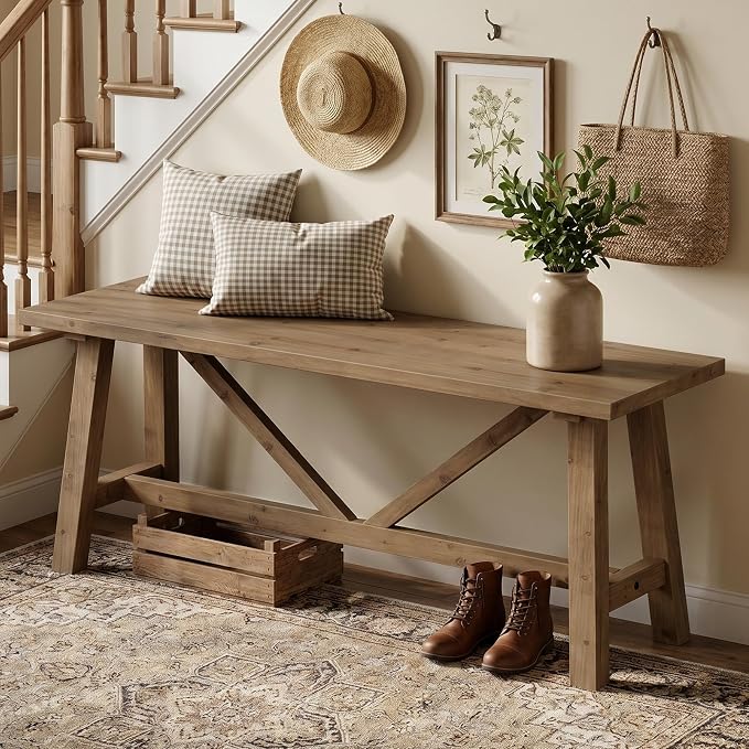 Wnutrees 43" Farmhouse Solid Wood Bench, Narrow Long Seat for Entryway Living Room Dining Area, Natural