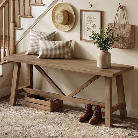 Wnutrees 43" Farmhouse Solid Wood Bench, Narrow Long Seat for Entryway Living Room Dining Area, Natural
