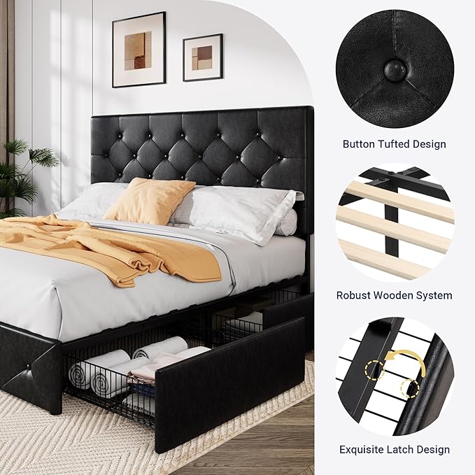 Allewie Upholstered Queen Size Platform Bed Frame with 4 Storage Drawers and Headboard, Diamond Stitched Button Tufted, Mattress Foundation with Wooden Slats Support, No Box Spring Needed, Black