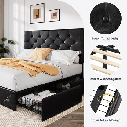 Allewie Upholstered Queen Size Platform Bed Frame with 4 Storage Drawers and Headboard, Diamond Stitched Button Tufted, Mattress Foundation with Wooden Slats Support, No Box Spring Needed, Black