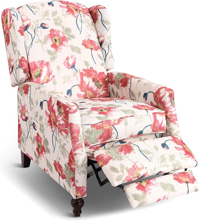 Upholstered Wingback Recliner Chair, Traditional Push Back Recliner Chair with Padded Seat, Fabric Floral Chair Wingback Recliner with Wooden Legs, Small Recliners for Small Spaces