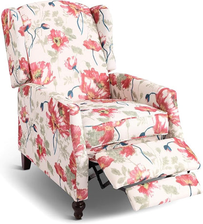 Upholstered Wingback Recliner Chair, Traditional Push Back Recliner Chair with Padded Seat, Fabric Floral Chair Wingback Recliner with Wooden Legs, Small Recliners for Small Spaces