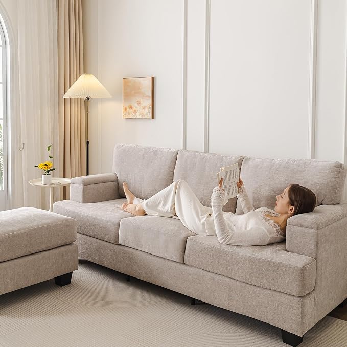 85'' L Shaped Couch with Armrest Organizer,3 Seats Sofas with Movable Ottoman,Comfy Sectional Sofa with Thick Cushion,Chenille Sectional Couches for Living Room,Bedroom,Apartment,Home Furniture,Khaki