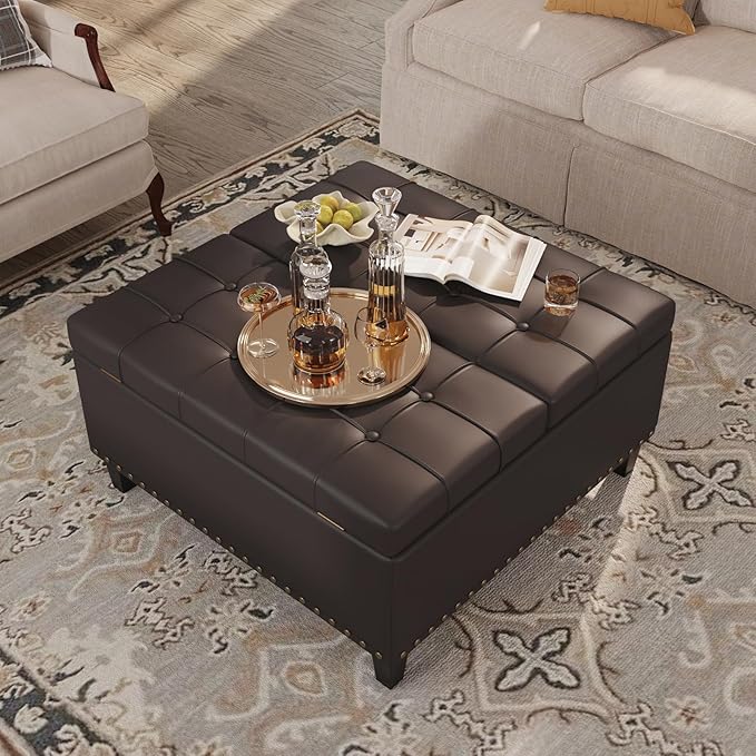 FiveWillowise Square Leather Ottoman with Storage, Faux Leather Coffee Table with Lift Top,Large Upholstered Footrest Stool Toy Box Storage Bench for Bedroom Living Room, Chocolate