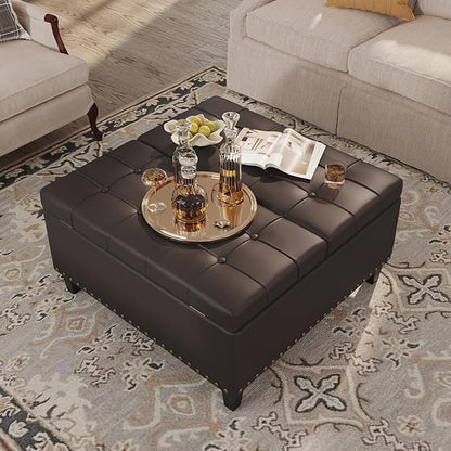 FiveWillowise Square Leather Ottoman with Storage, Faux Leather Coffee Table with Lift Top,Large Upholstered Footrest Stool Toy Box Storage Bench for Bedroom Living Room, Chocolate