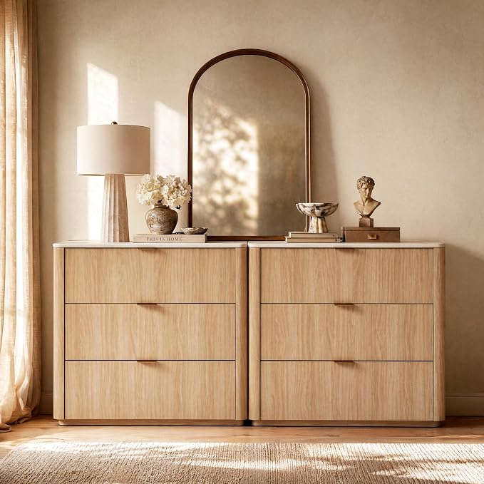 ModernMate 3 Drawer Dresser with Curved Profile & Faux Travertine Texture, 31.5" Large Nightstand Anti-Tip Chest of Drawers for Bedroom, Living Room, Natural Oak